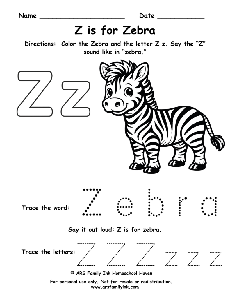 Z is for Zebra worksheet preschool printable letter Z tracing coloring activity