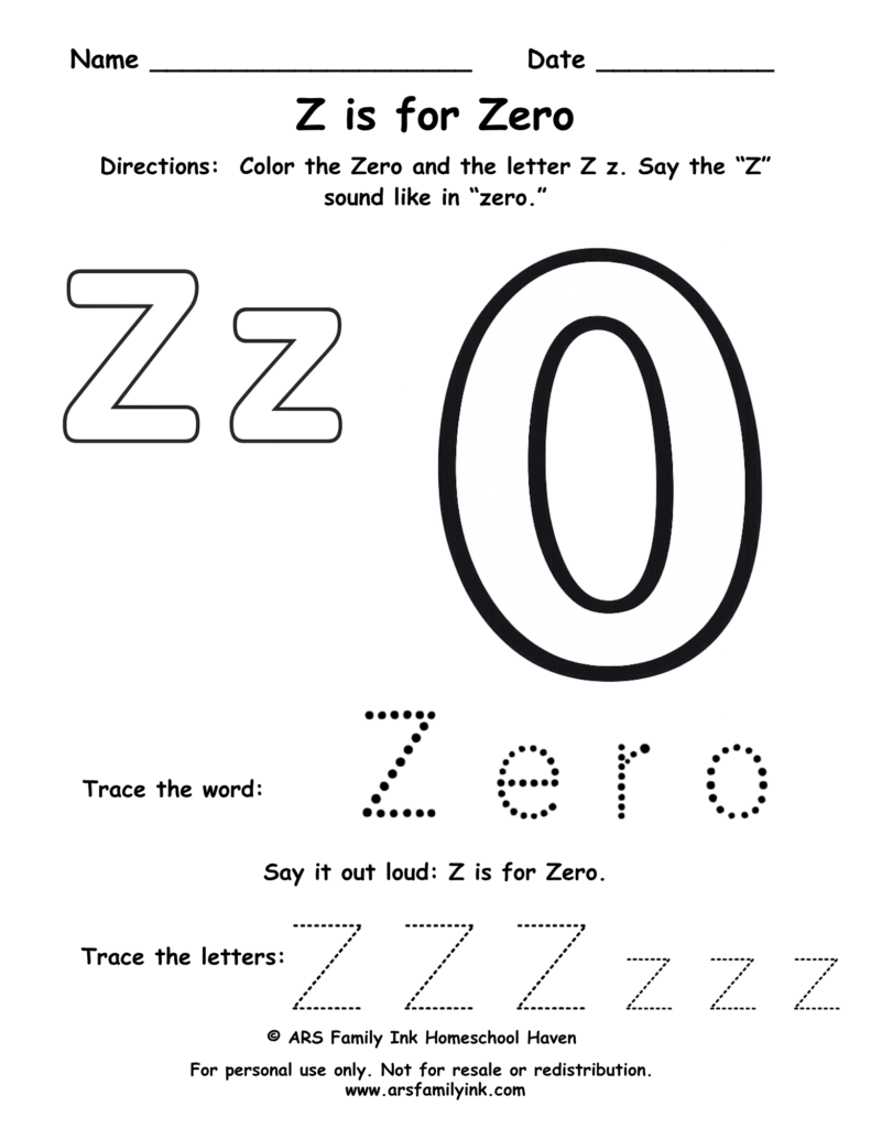 Z is for Zero worksheet preschool printable letter Z tracing coloring activity