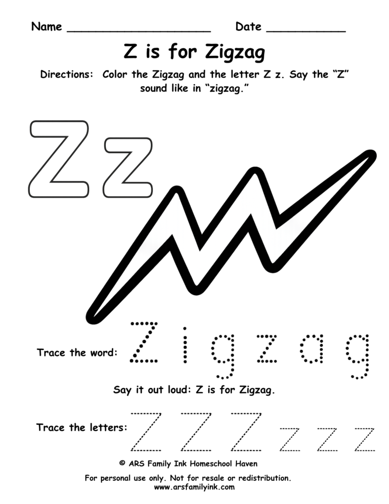 Z is for Zigzag worksheet preschool printable letter Z tracing coloring activity