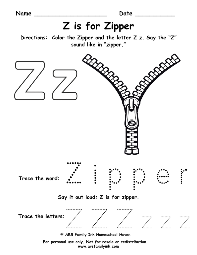 Z is for Zipper worksheet preschool printable letter Z tracing coloring activity
