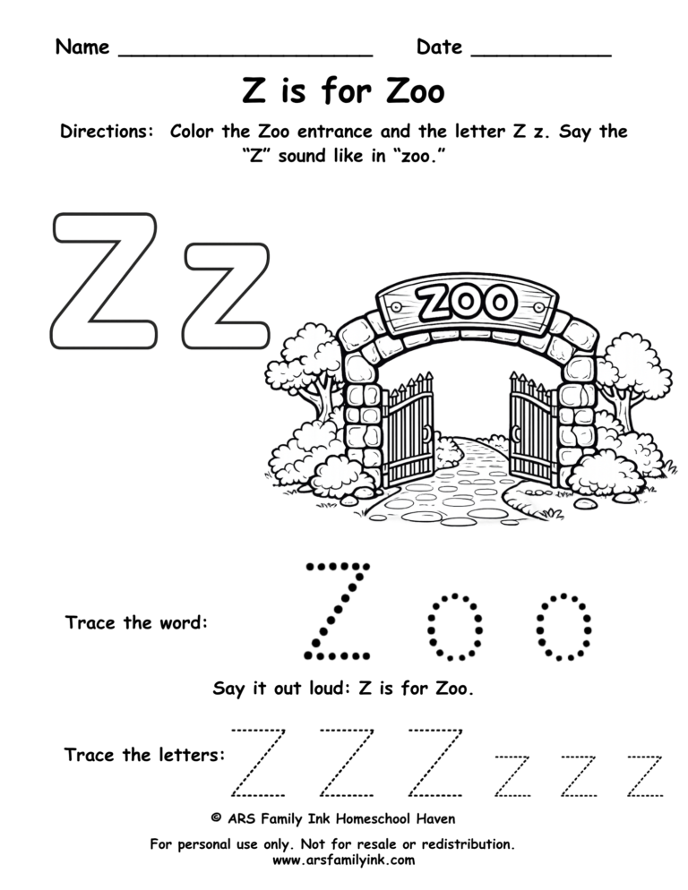 Z is for Zoo worksheet preschool printable letter Z tracing coloring activity