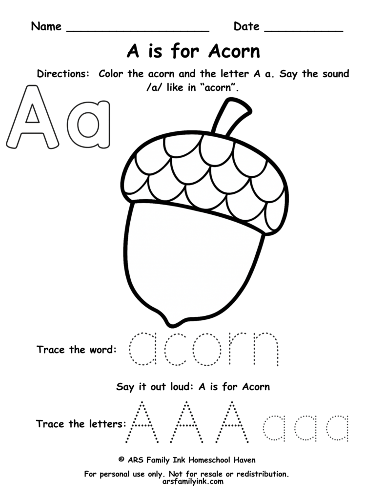 Letter A worksheet for preschool and kindergarten featuring an acorn with tracing practice for the word acorn and uppercase and lowercase A letters