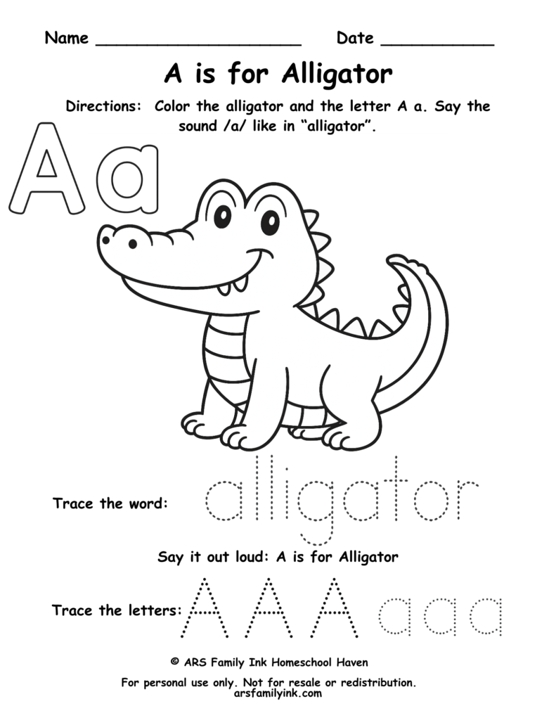 Letter A worksheet for preschool and kindergarten featuring an alligator with tracing practice for the word alligator and uppercase and lowercase A letters