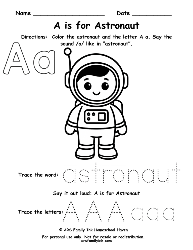 A is for Astronaut worksheet for preschool featuring letter A tracing, coloring astronaut, and early phonics practice