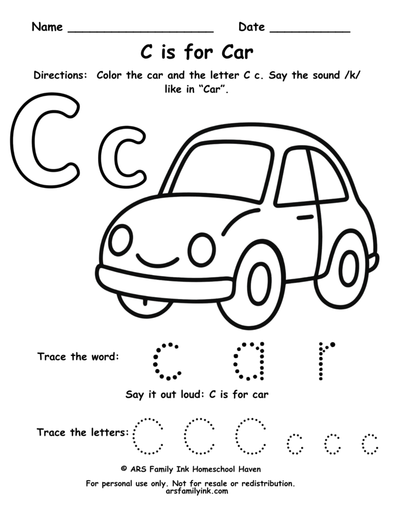 Letter C tracing worksheet with car coloring page for preschool and kindergarten