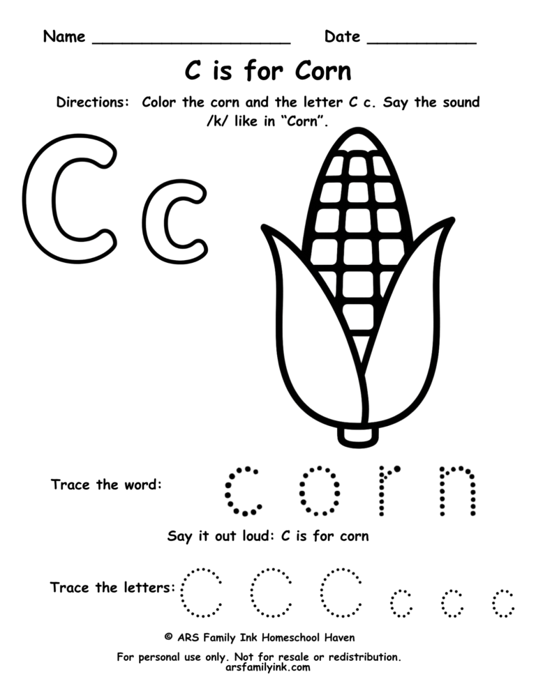 Letter C tracing worksheet with corn coloring page for preschool and kindergarten