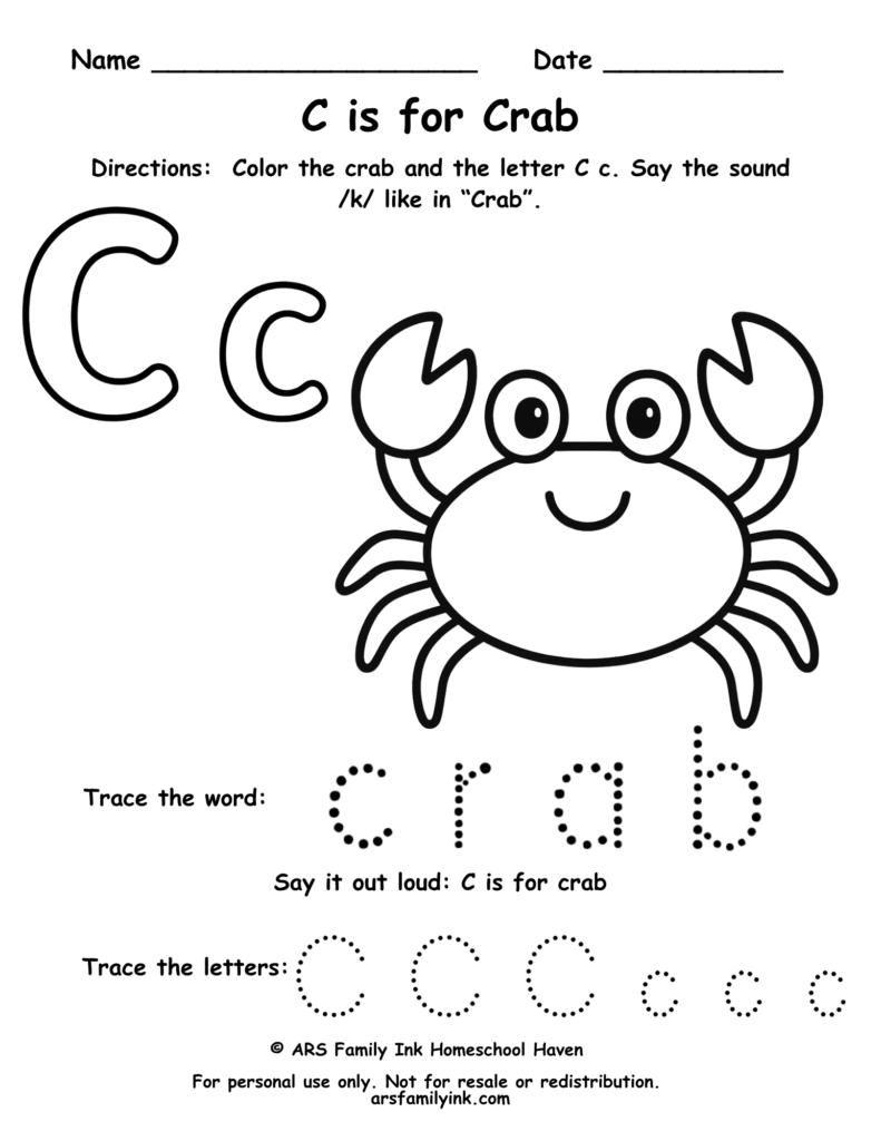 Letter C tracing worksheet with crab coloring page for preschool and kindergarten