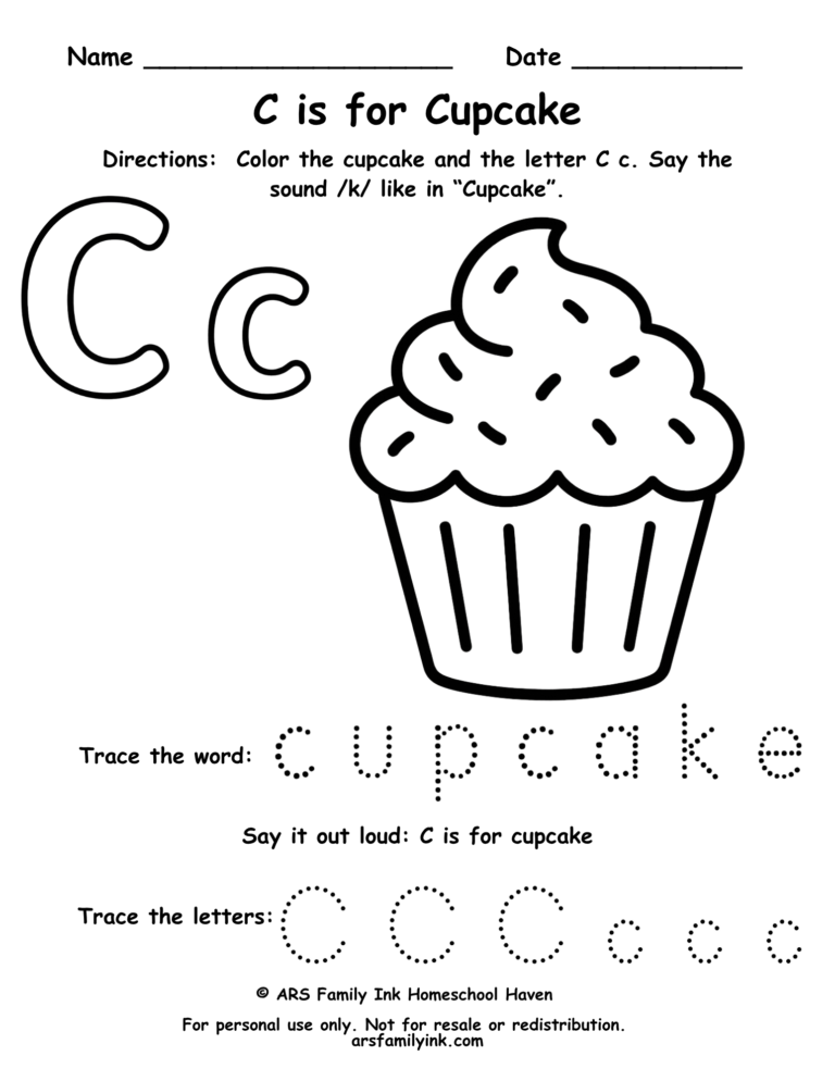 Letter C tracing worksheet with cupcake coloring page for preschool and kindergarten