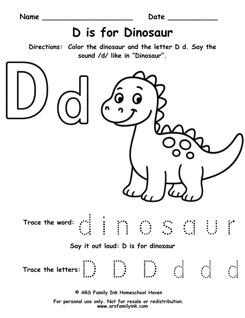 Letter D tracing worksheet with dinosaur coloring page for preschool and kindergarten