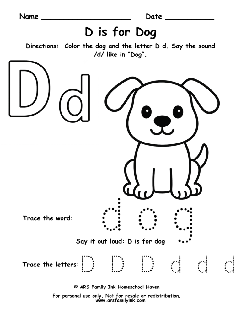 Letter D tracing worksheet with dog coloring page for preschool and kindergarten