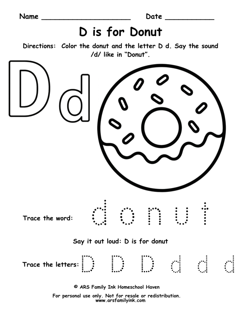 Letter D tracing worksheet with donut coloring page for preschool and kindergarten