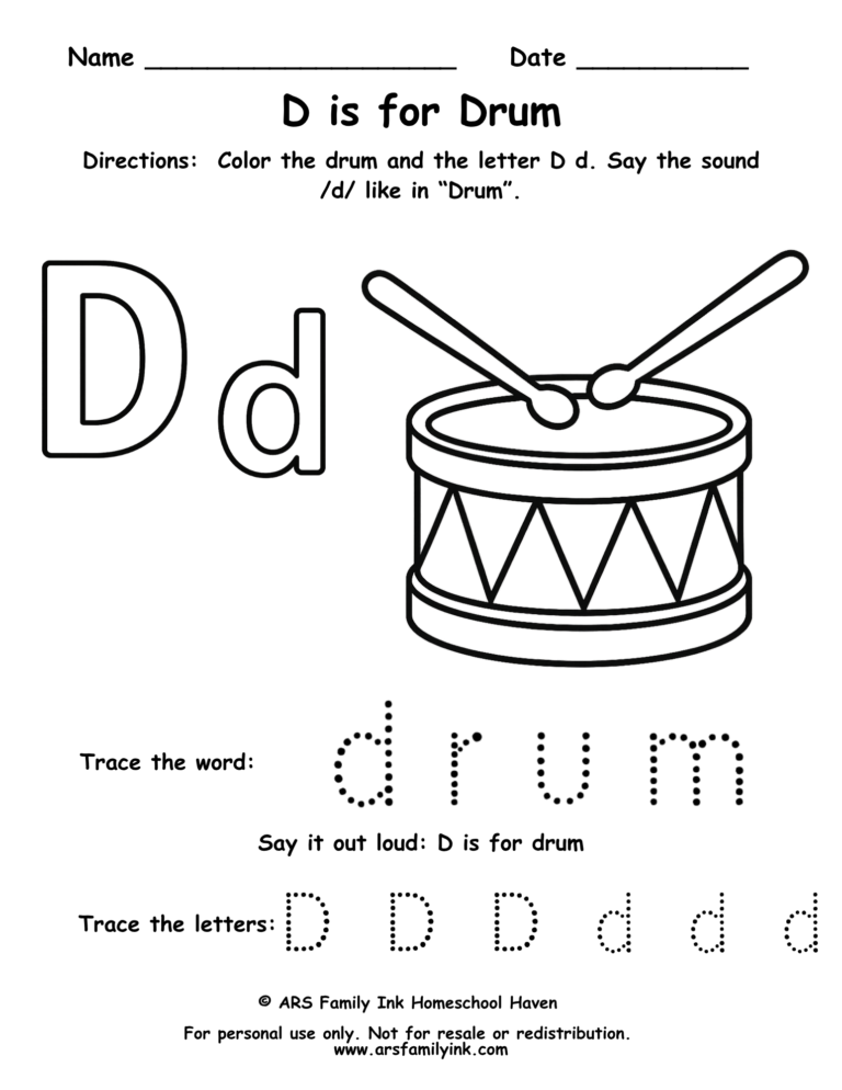 Letter D tracing worksheet with drum coloring page for preschool and kindergarten