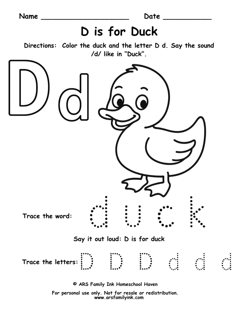Letter D tracing worksheet with duck coloring page for preschool and kindergarten