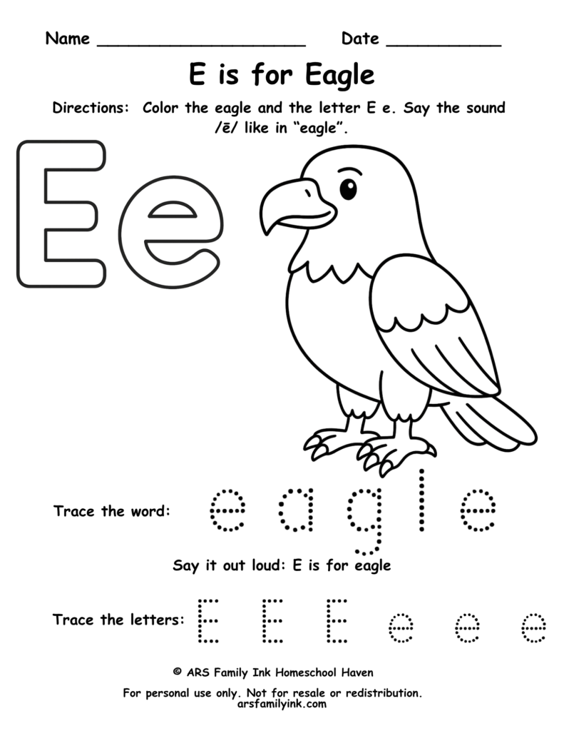 Letter E tracing worksheet with eagle coloring page for preschool and kindergarten