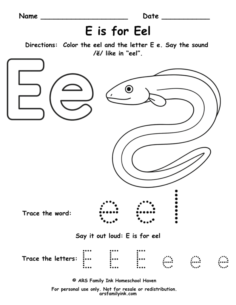 Letter E tracing worksheet with eel coloring page for preschool and kindergarten