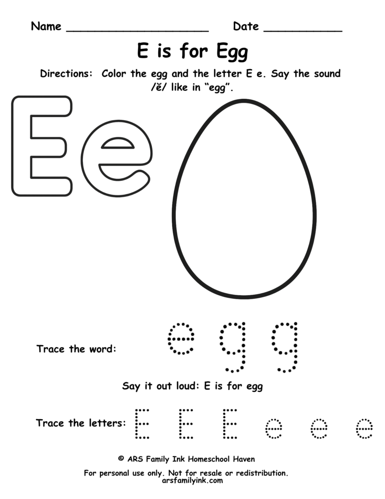 Letter E tracing worksheet with egg coloring page for preschool and kindergarten