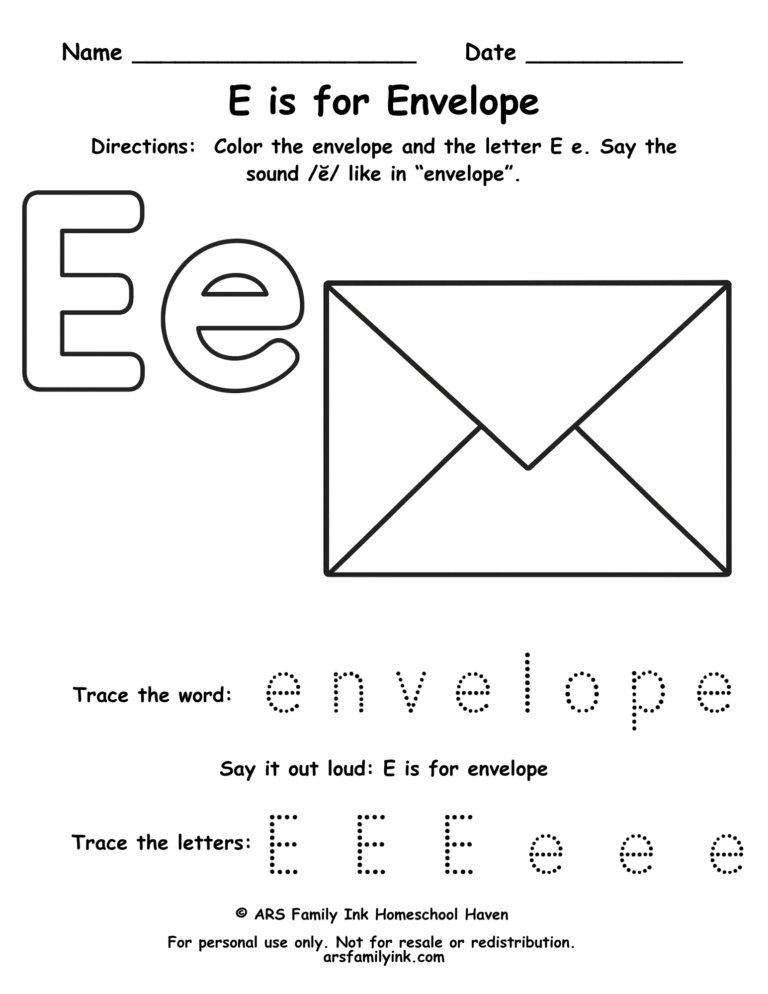 Letter E tracing worksheet with envelope coloring page for preschool and kindergarten