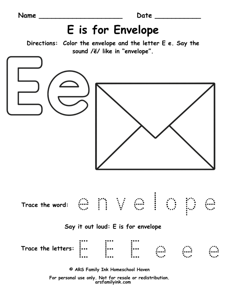Letter E tracing worksheet with envelope coloring page for preschool and kindergarten