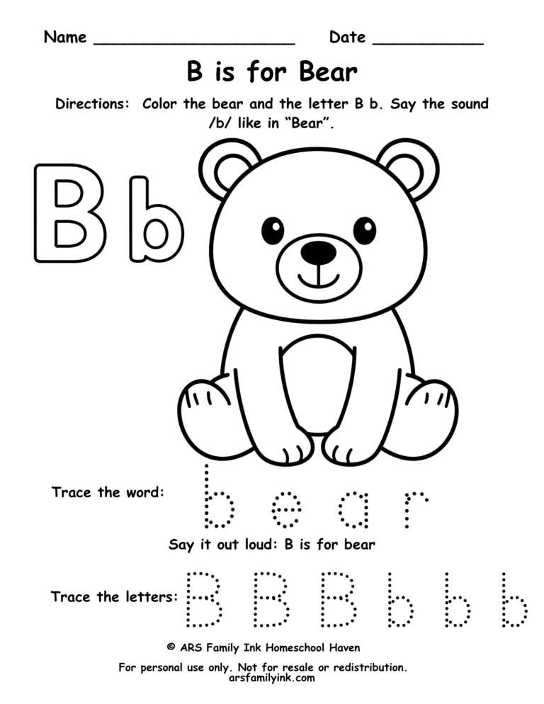 Letter B tracing worksheet with bear coloring page for preschool and kindergarten students