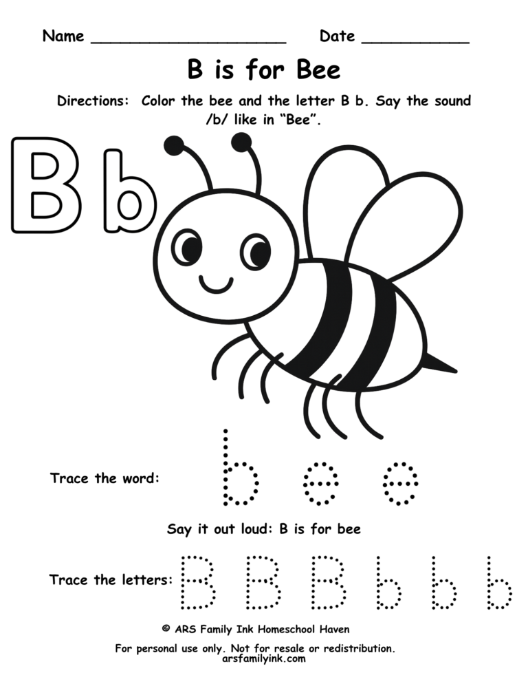 Letter B tracing worksheet with bee coloring page for preschool and kindergarten students