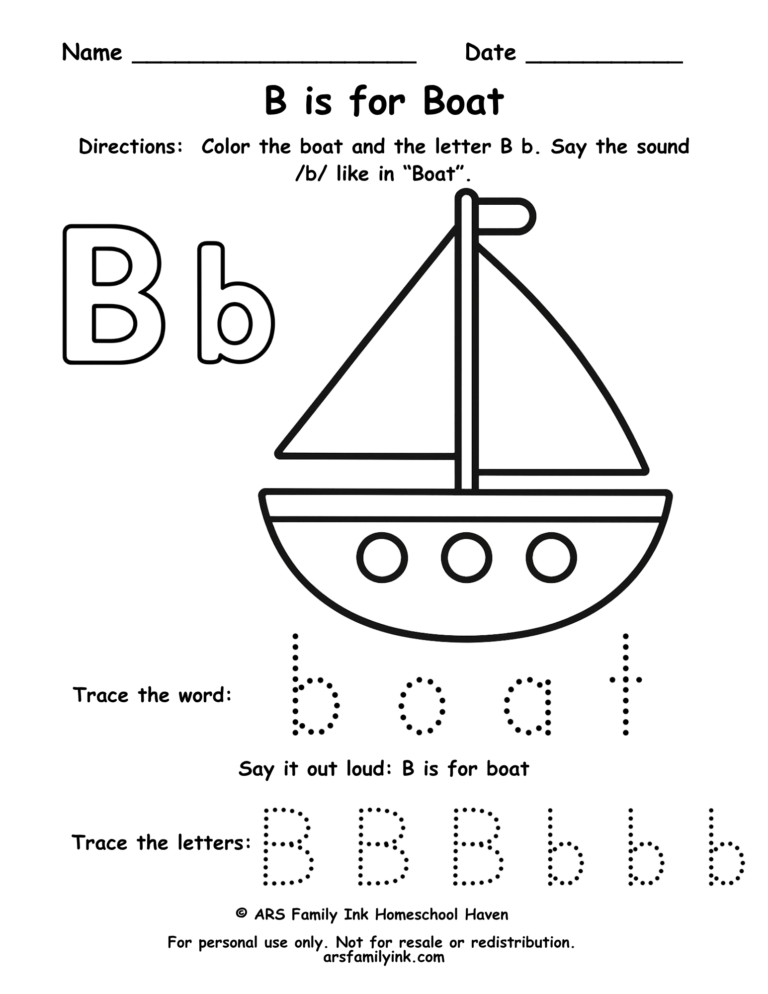 Letter B tracing worksheet with boat coloring page for preschool and kindergarten students
