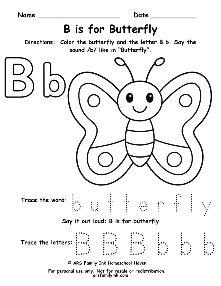 Letter B tracing worksheet with butterfly coloring page for preschool and kindergarten students
