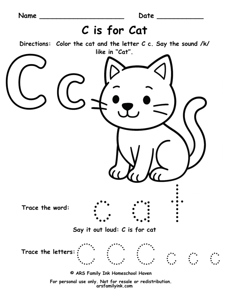 Letter C tracing worksheet with cat coloring page for preschool and kindergarten students