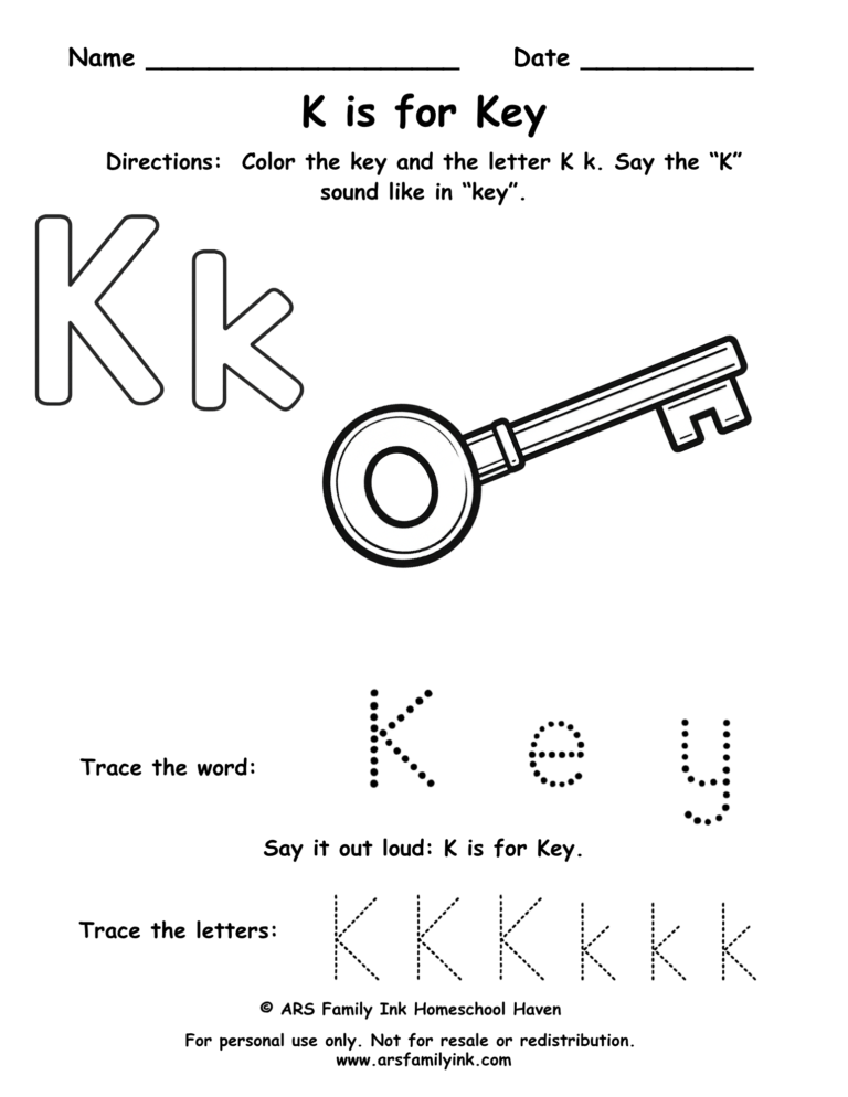 Pre-K letter K worksheet where children color a key, trace uppercase and lowercase K, and practice the K sound. Printable phonics activity.