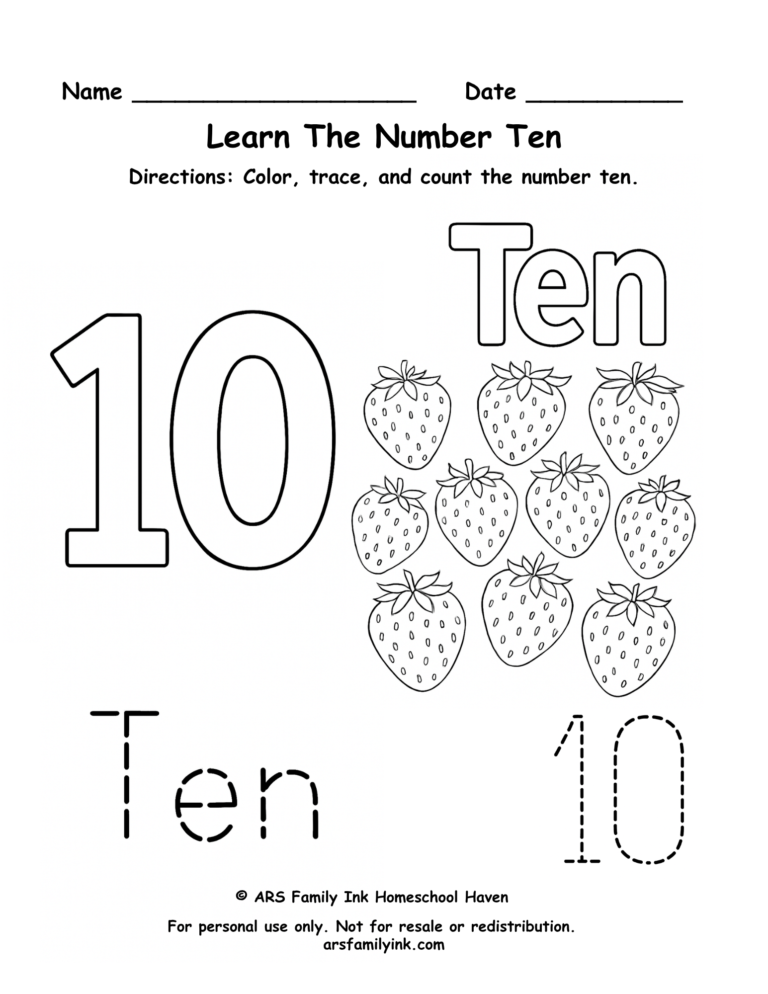Number 10 worksheet for preschool and kindergarten featuring tracing practice, counting ten strawberries, and number recognition activities.