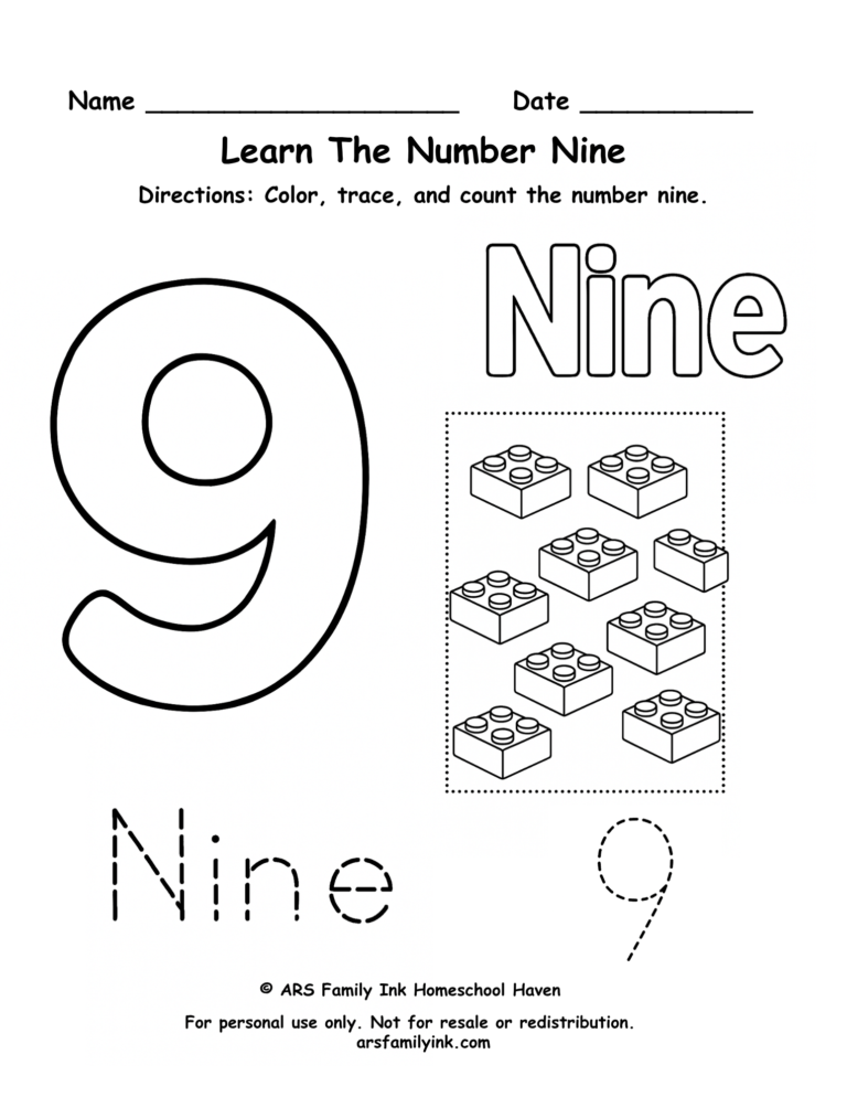 Number 9 worksheet for preschool and kindergarten featuring tracing practice, counting nine building blocks, and number recognition activities.