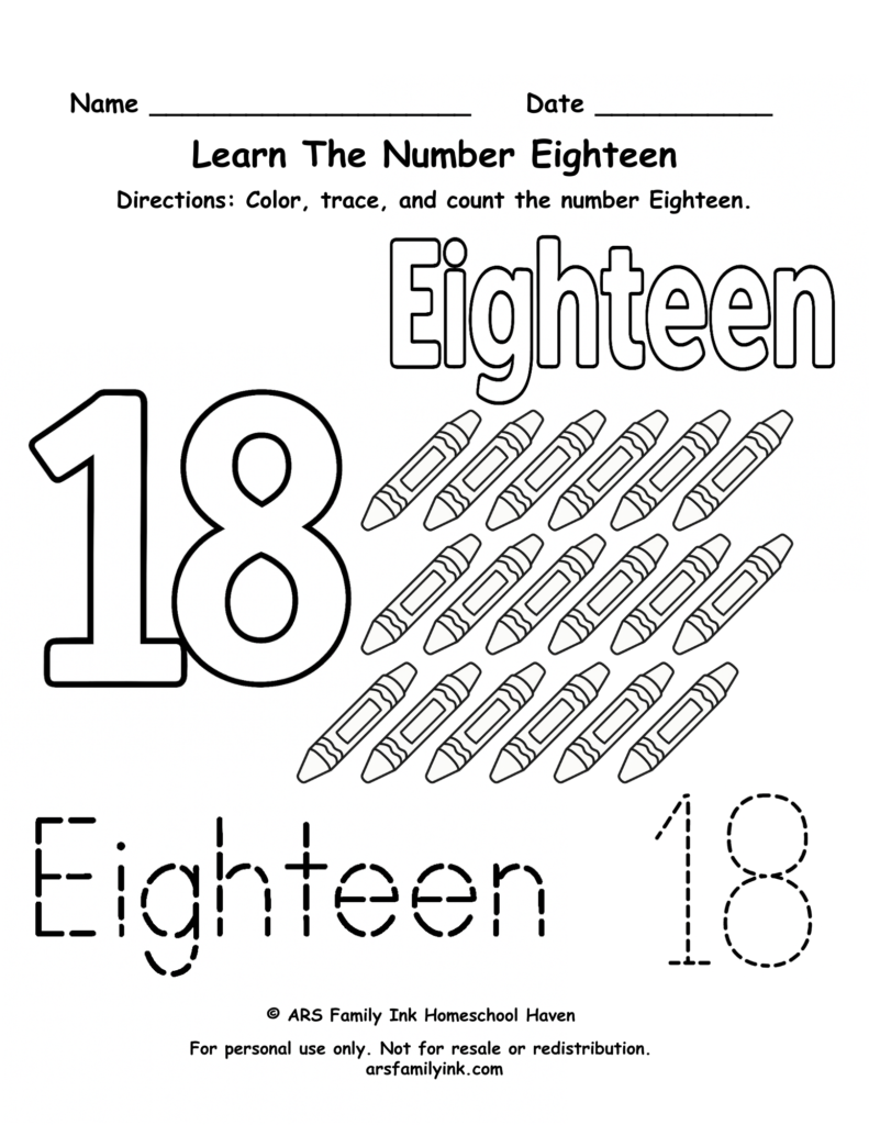 Number 18 worksheet for preschool and kindergarten featuring tracing practice, counting eighteen crayons, and number recognition activities.
