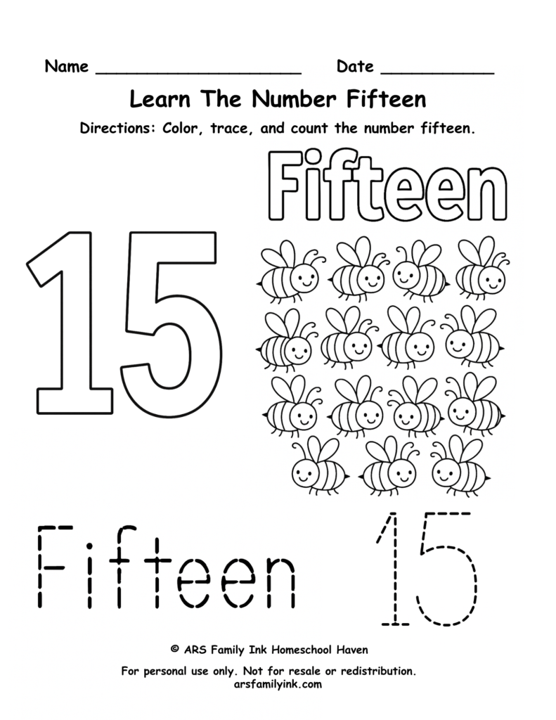 Number 15 worksheet for preschool and kindergarten featuring tracing practice, counting fifteen bees, and number recognition activities.