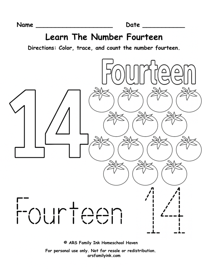 Number 14 worksheet for preschool and kindergarten featuring tracing practice, counting fourteen tomatoes, and number recognition activities.