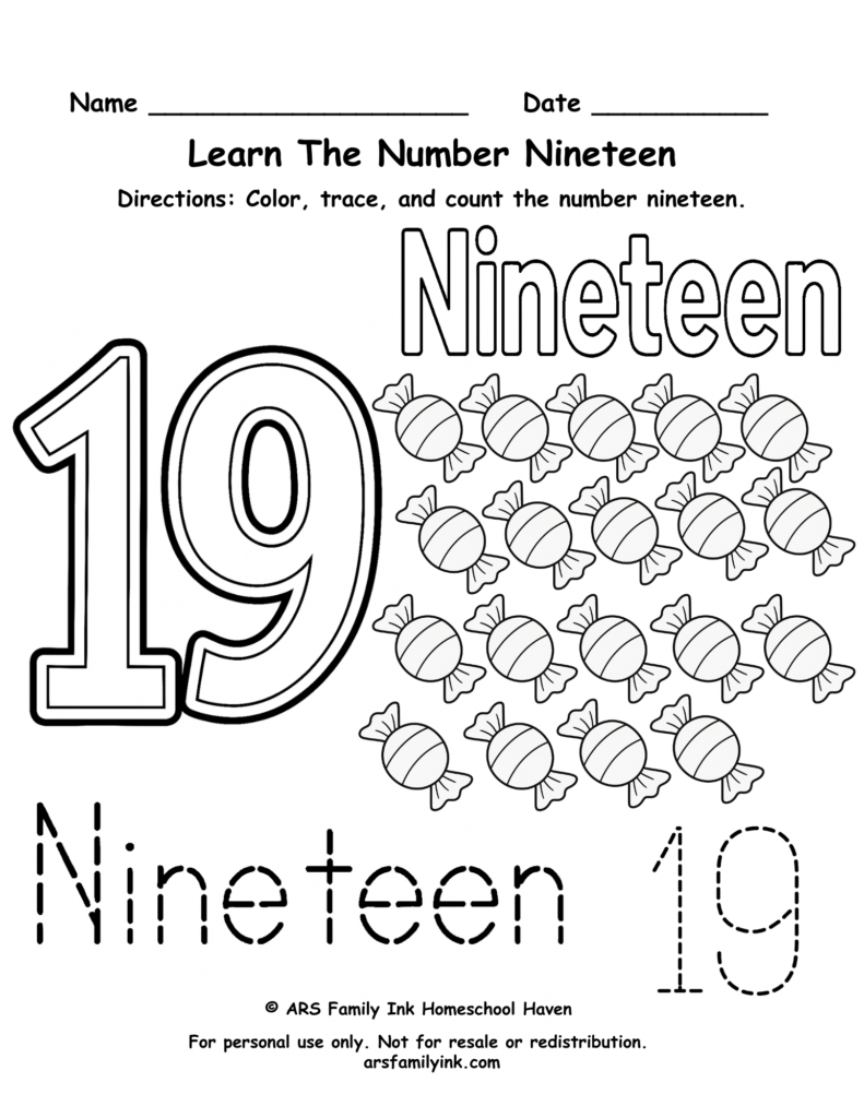 Number 19 worksheet for preschool and kindergarten featuring tracing practice, counting nineteen candies, and number recognition activities.