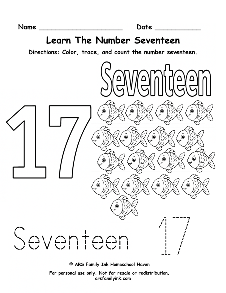 Number 17 worksheet for preschool and kindergarten featuring tracing practice, counting seventeen fish, and number recognition activities.