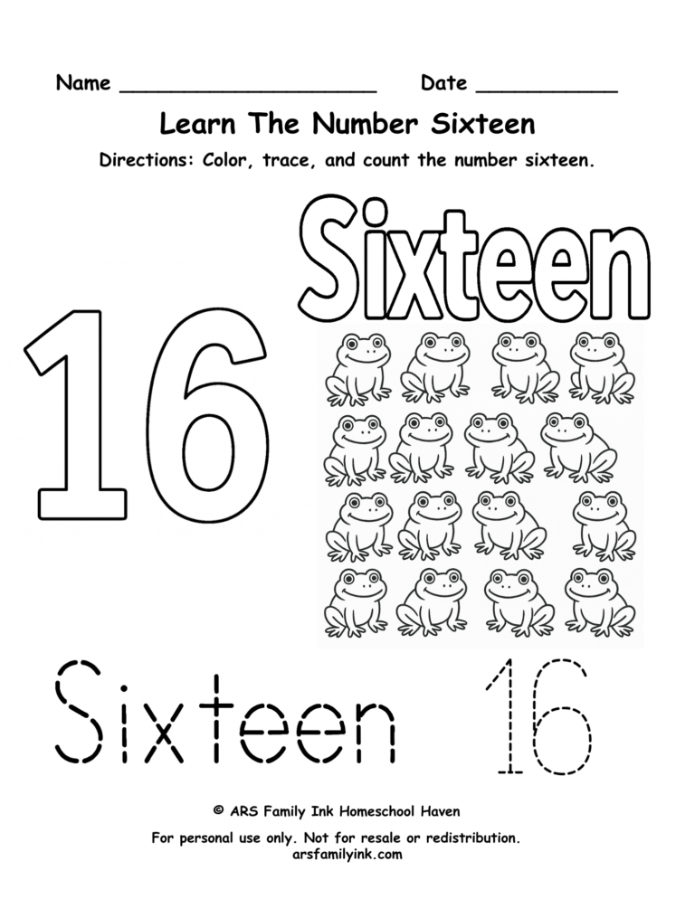 Number 16 worksheet for preschool and kindergarten featuring tracing practice, counting sixteen frogs, and number recognition activities.