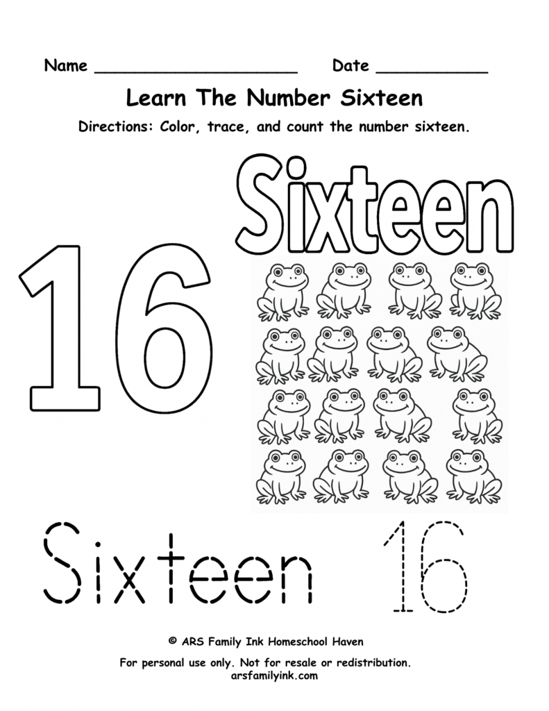 Number 16 worksheet for preschool and kindergarten featuring tracing practice, counting sixteen frogs, and number recognition activities.