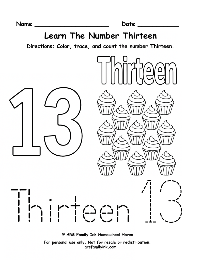 Number 13 worksheet for preschool and kindergarten featuring tracing practice, counting thirteen cupcakes, and number recognition activities.