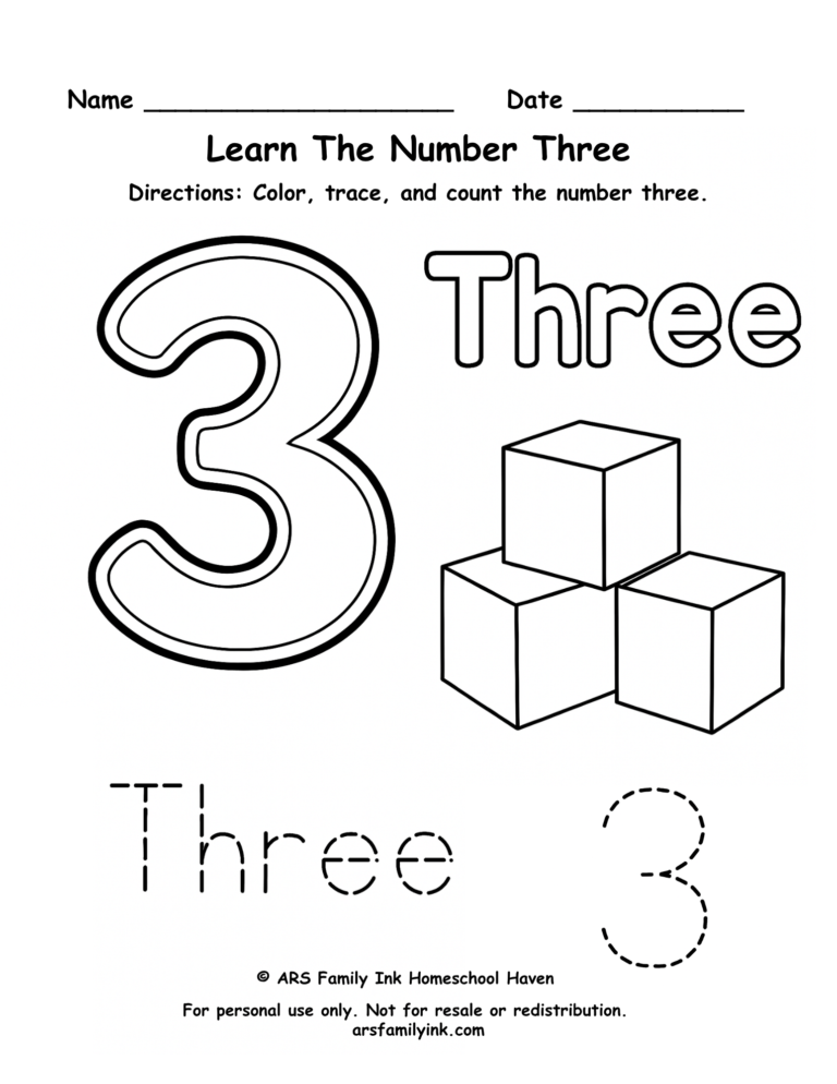 Number 3 worksheet for preschool and kindergarten featuring tracing practice, counting three blocks, and number recognition activities.