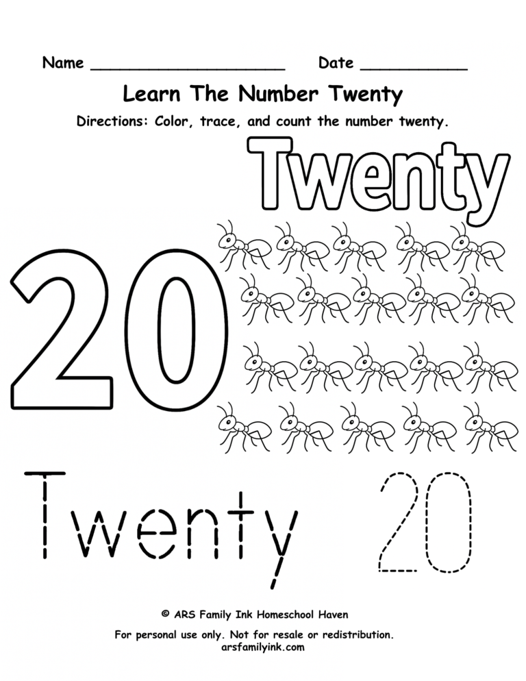 Number 20 worksheet for preschool and kindergarten featuring tracing practice, counting twenty ants, and number recognition activities.