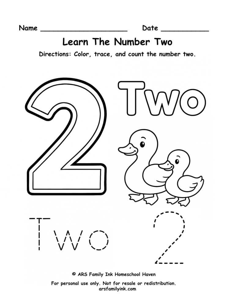 Number 2 worksheet for preschool and kindergarten featuring tracing practice, counting two ducks, and number recognition activities.
