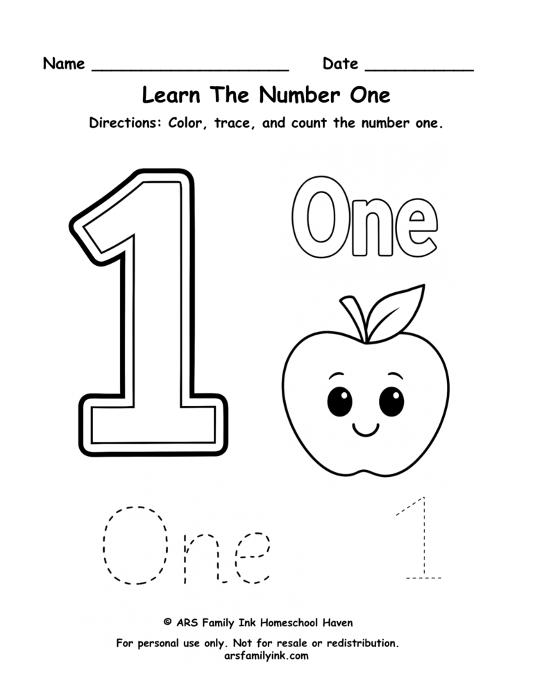 Number 1 worksheet for preschool and kindergarten featuring tracing practice, counting one apple, and number recognition activities.