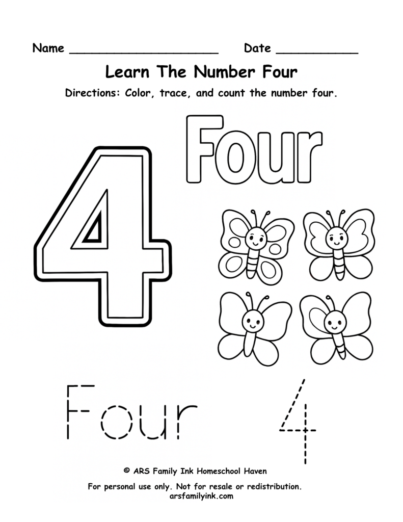 Number 4 worksheet for preschool and kindergarten featuring tracing practice, counting four butterflies, and number recognition activities.