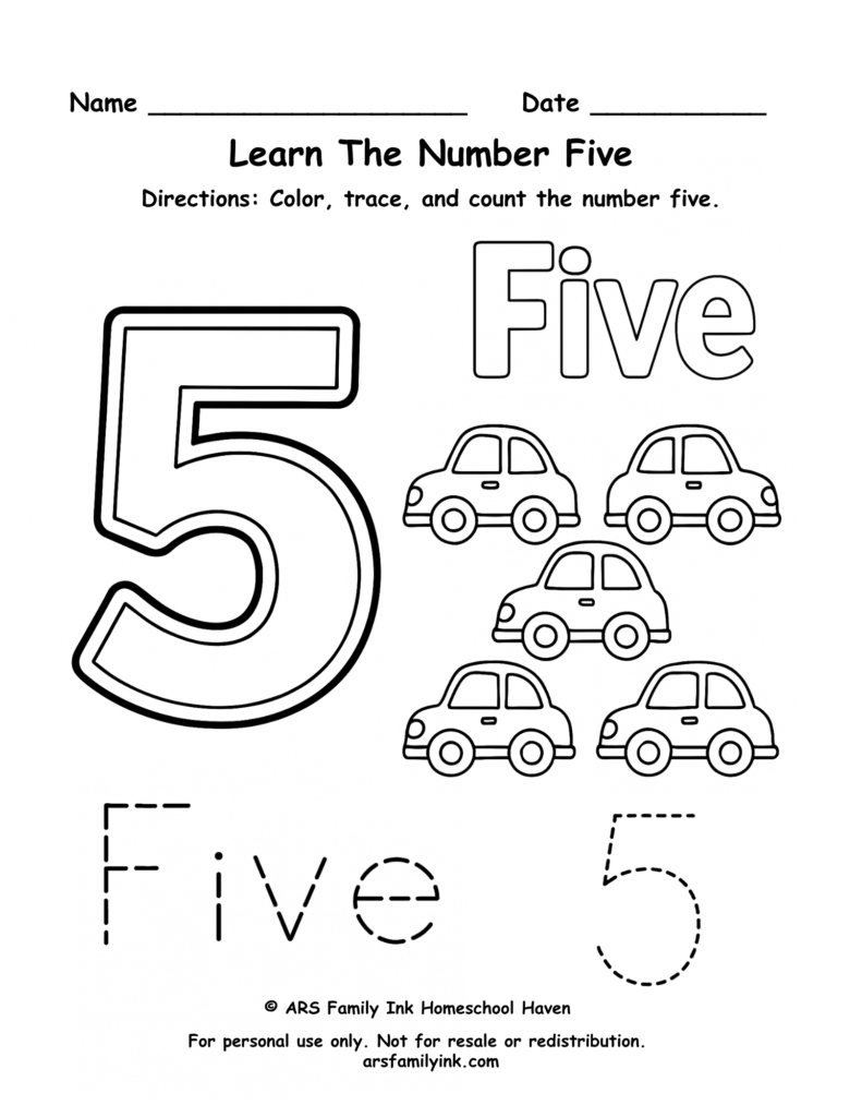 Number 5 worksheet for preschool and kindergarten featuring tracing practice, counting five cars, and number recognition activities.