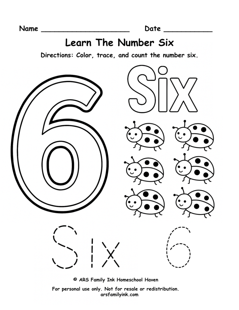 Number 6 worksheet for preschool and kindergarten featuring tracing practice, counting six ladybugs, and number recognition activities.