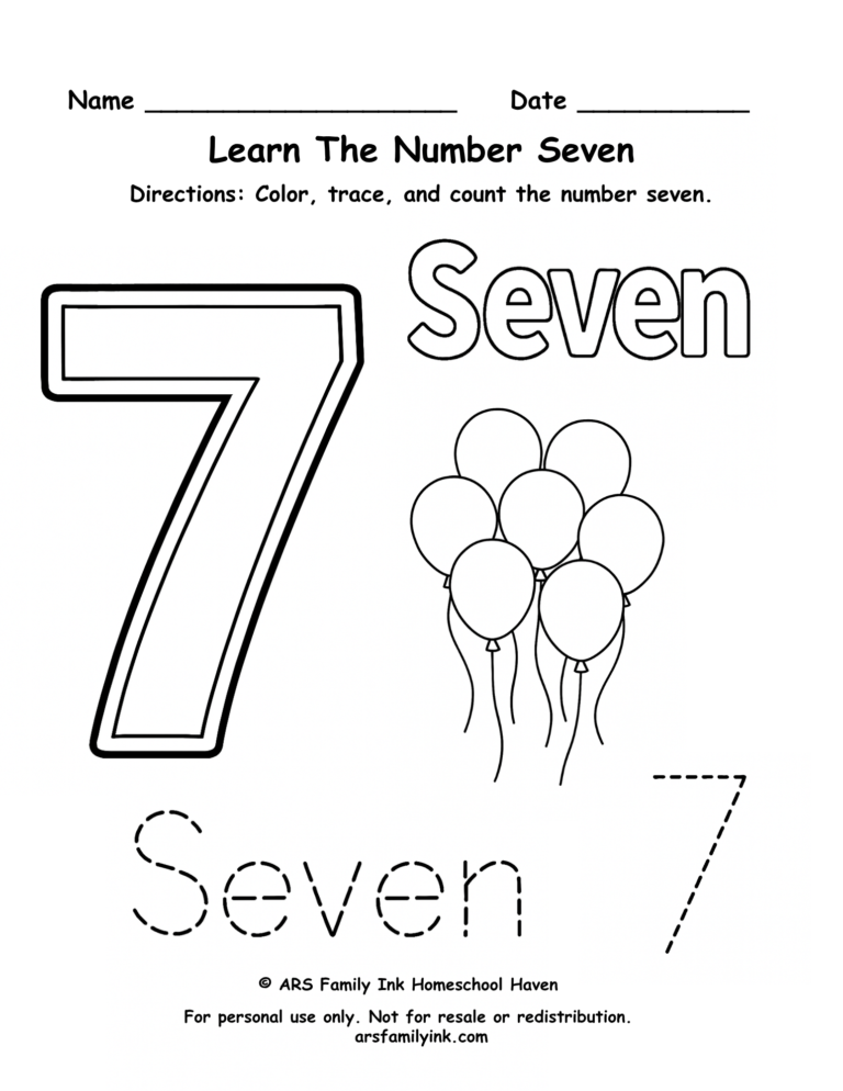 Number 7 worksheet for preschool and kindergarten featuring tracing practice, counting seven balloons, and number recognition activities.