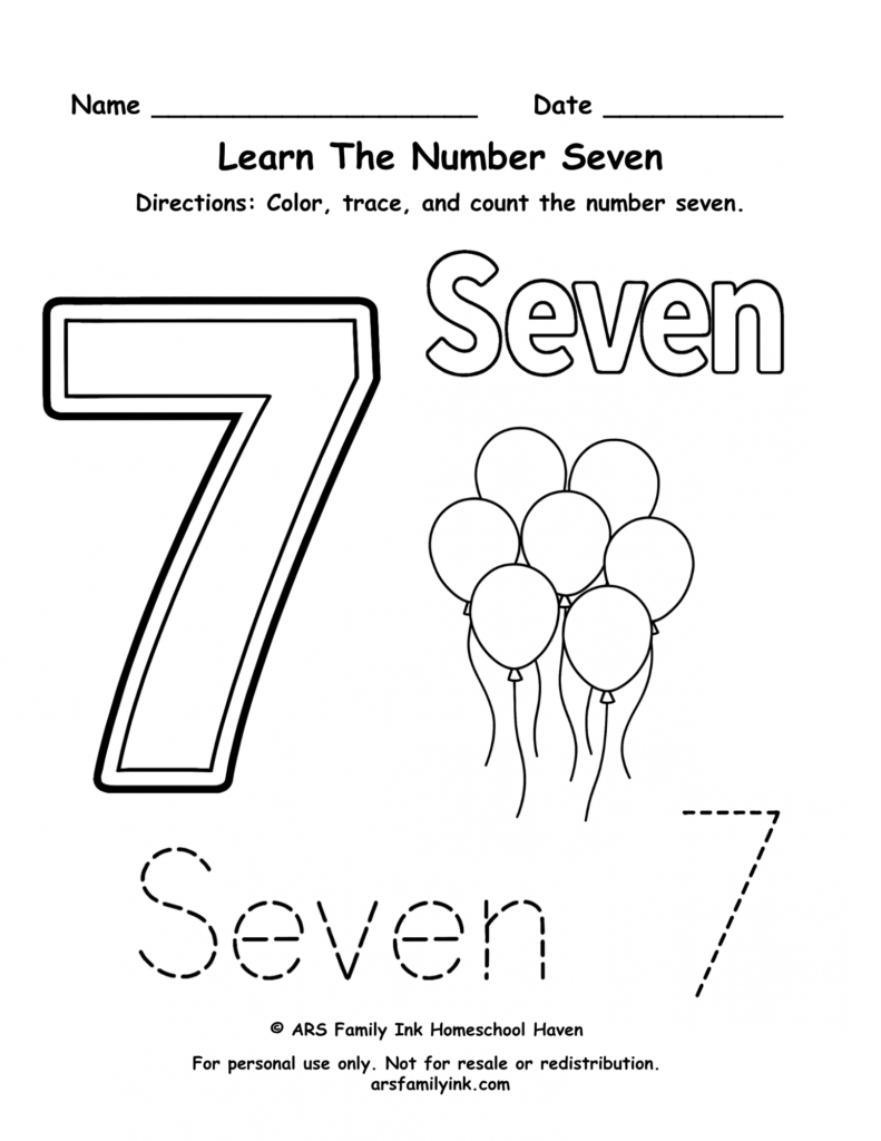Number 7 worksheet for preschool and kindergarten featuring tracing practice, counting seven balloons, and number recognition activities.