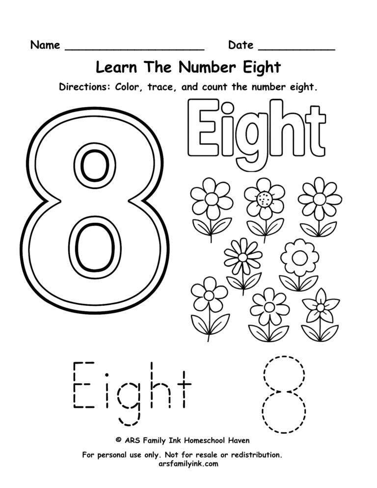 Number 8 worksheet for preschool and kindergarten featuring tracing practice, counting eight flowers, and number recognition activities.