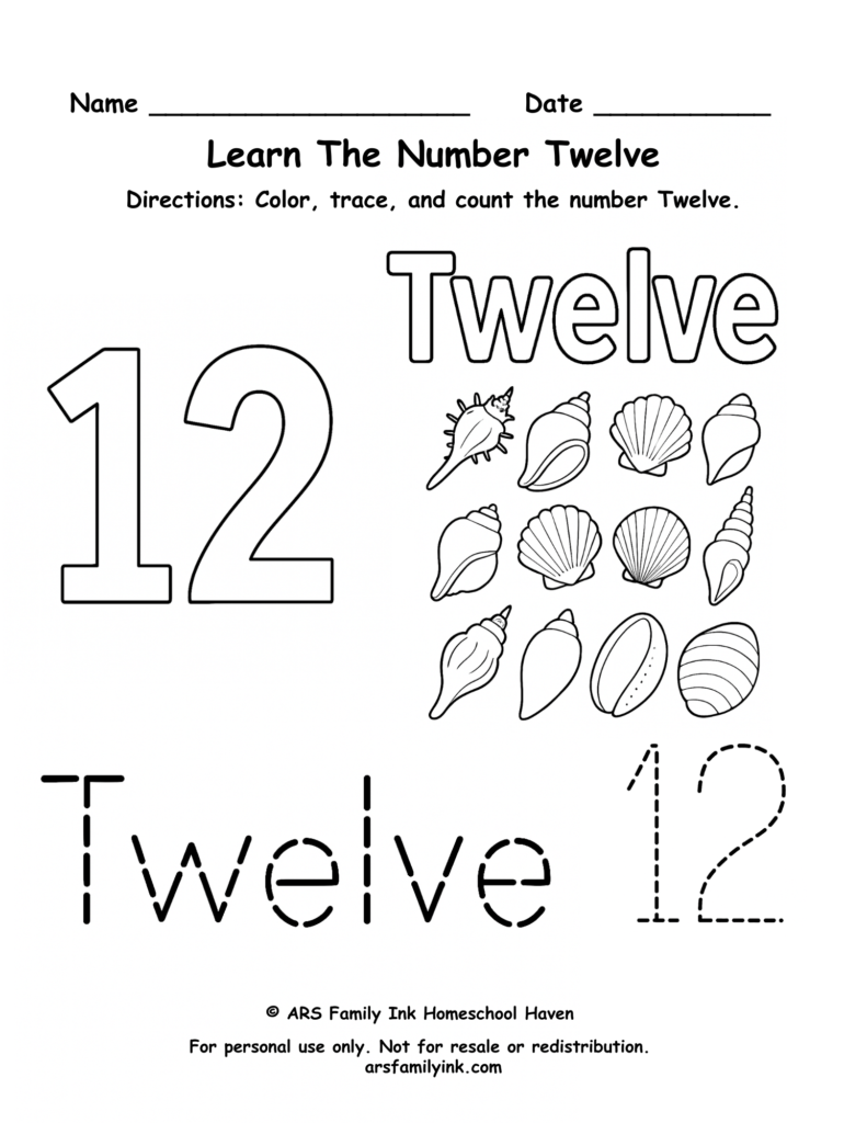 Number 12 worksheet for preschool and kindergarten featuring tracing practice, counting twelve seashells, and number recognition activities.