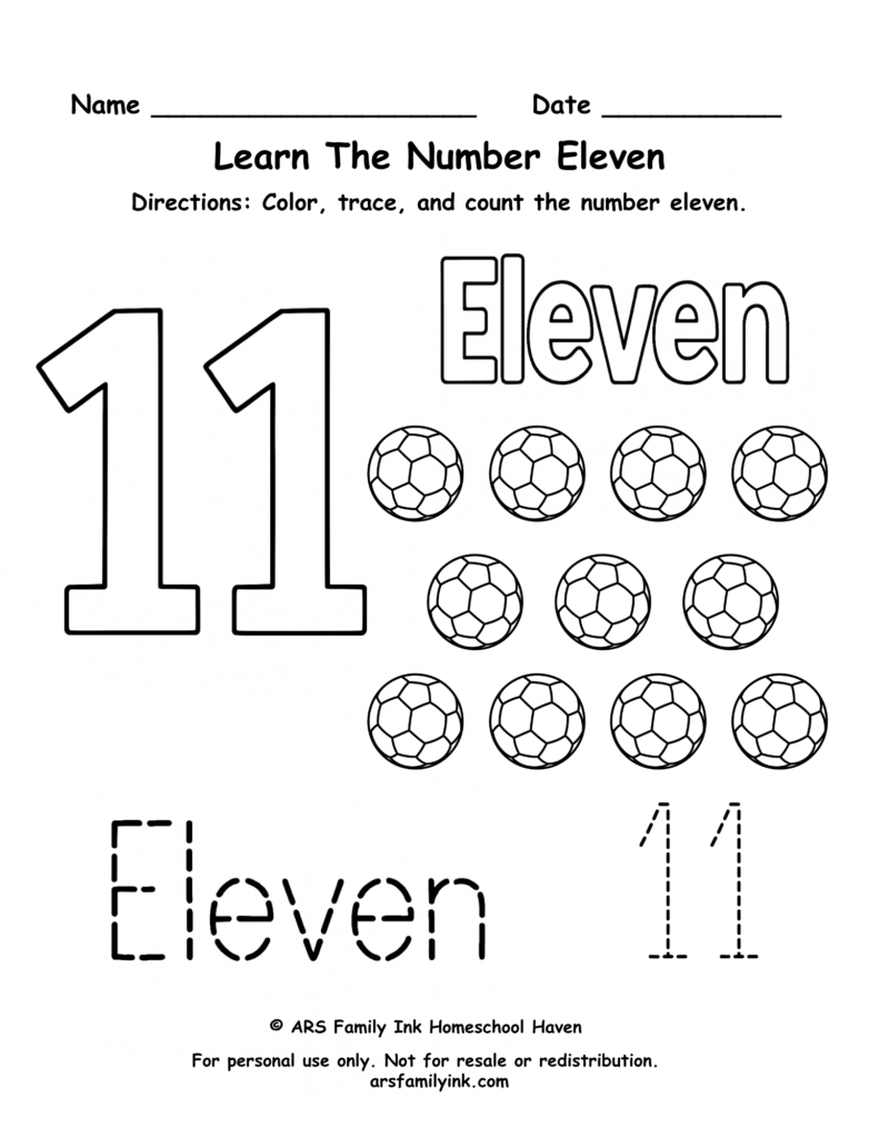 Number 11 worksheet for preschool and kindergarten featuring tracing practice, counting eleven soccer balls, and number recognition activities.